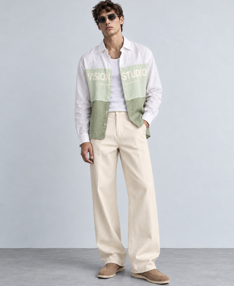 Green Colourblocked Printed Shirt