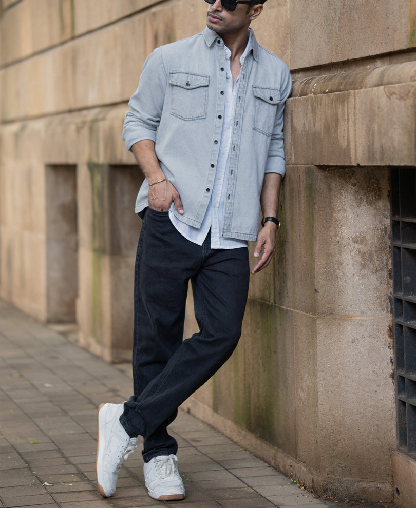Grey Denim Shacket With Pockets.