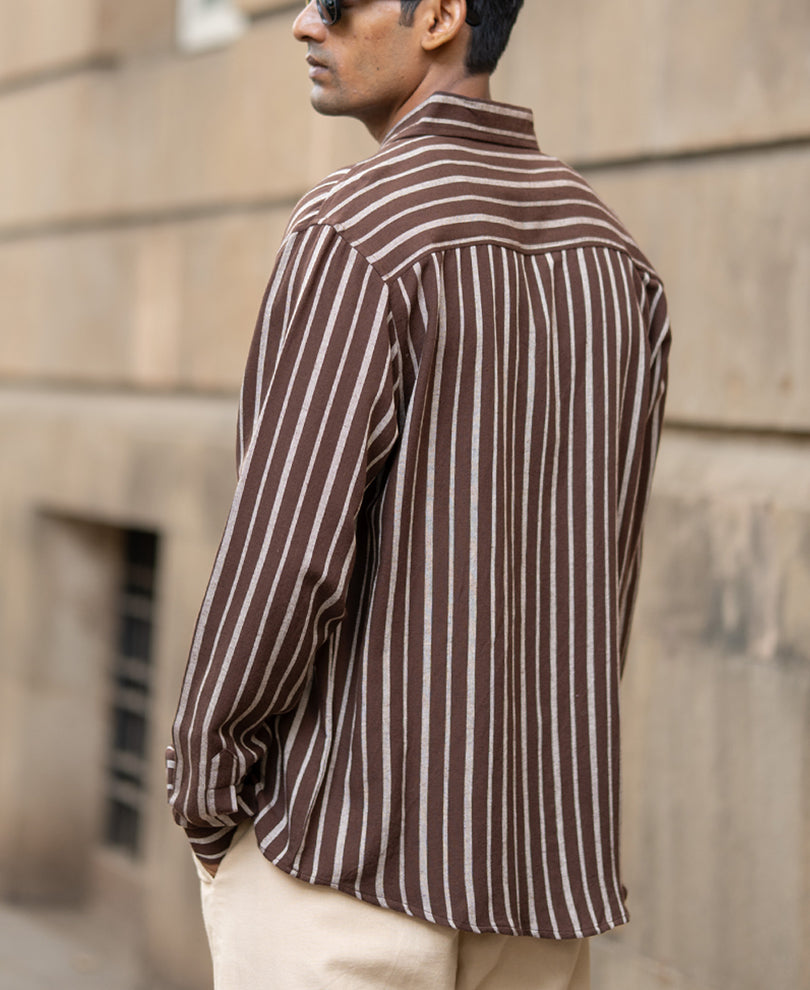 Brown Linen Blend Stripe Shirt.