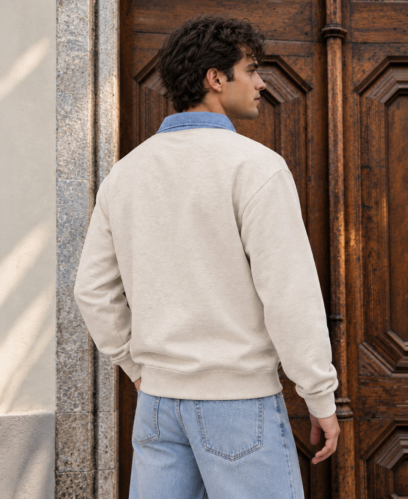 Ecru Melange Embroidered Zipper T-Shirt