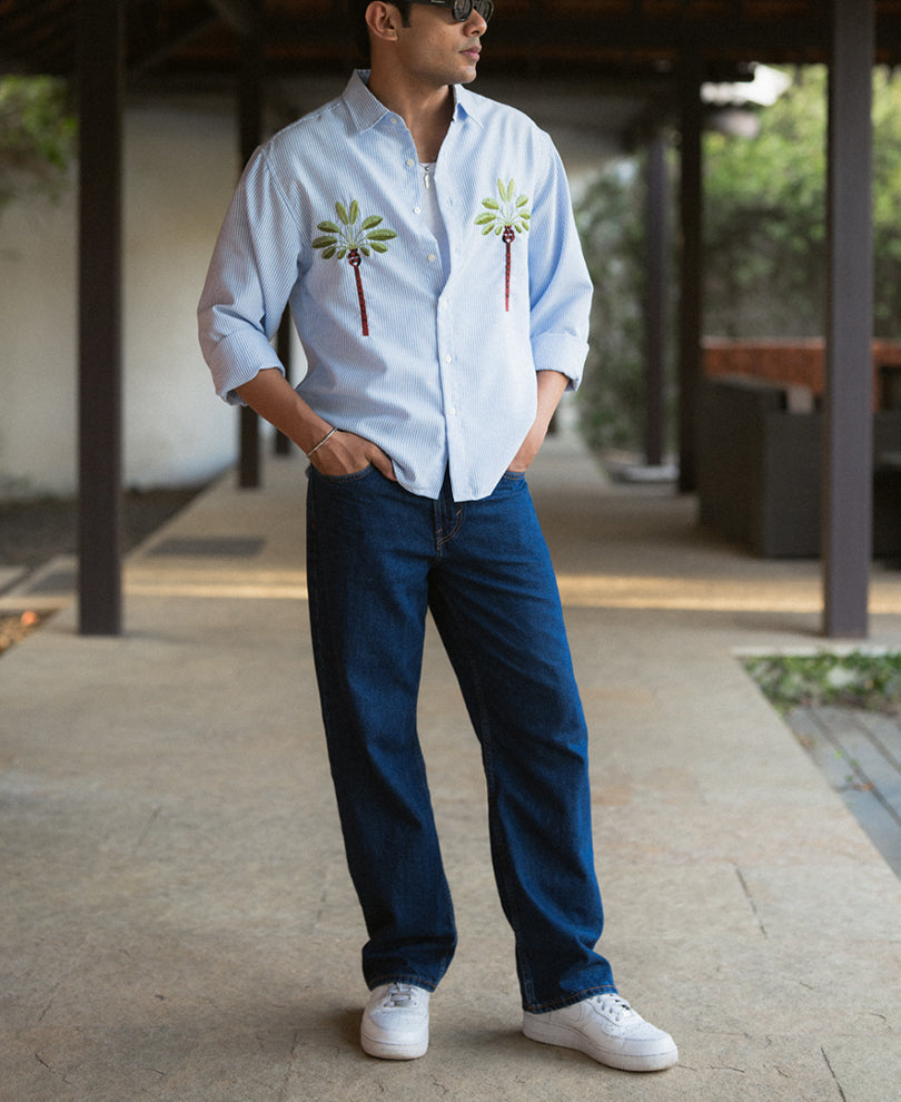 Buy Blue Stripe Palm Embroidery Shirt for Men | POWERLOOK