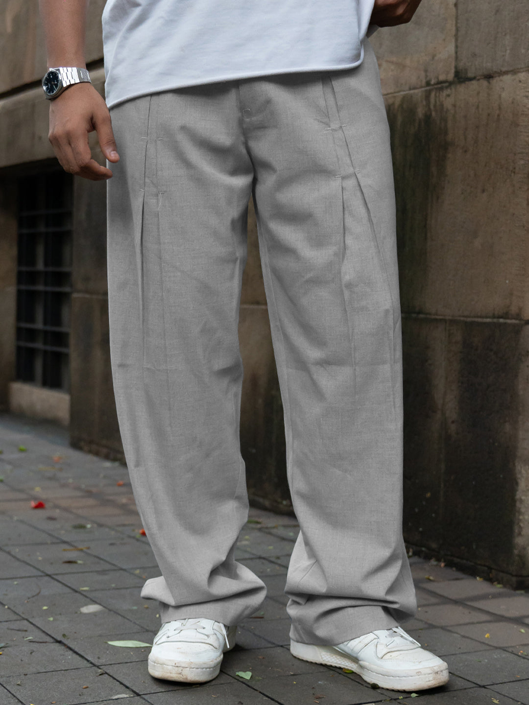 Grey Melange Pleated Trousers