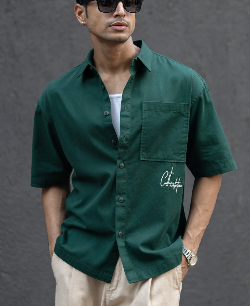 Dark Teal Embroidered Structured Shirt.