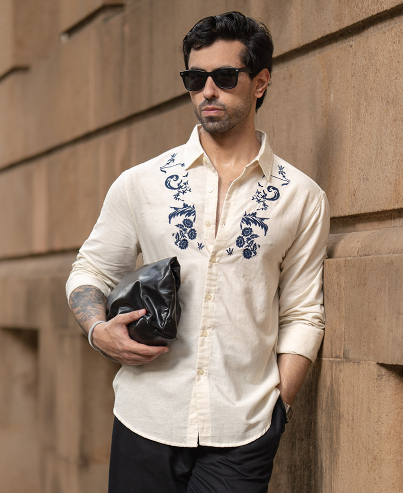 Natural Embroidered Linen Blend Shirt