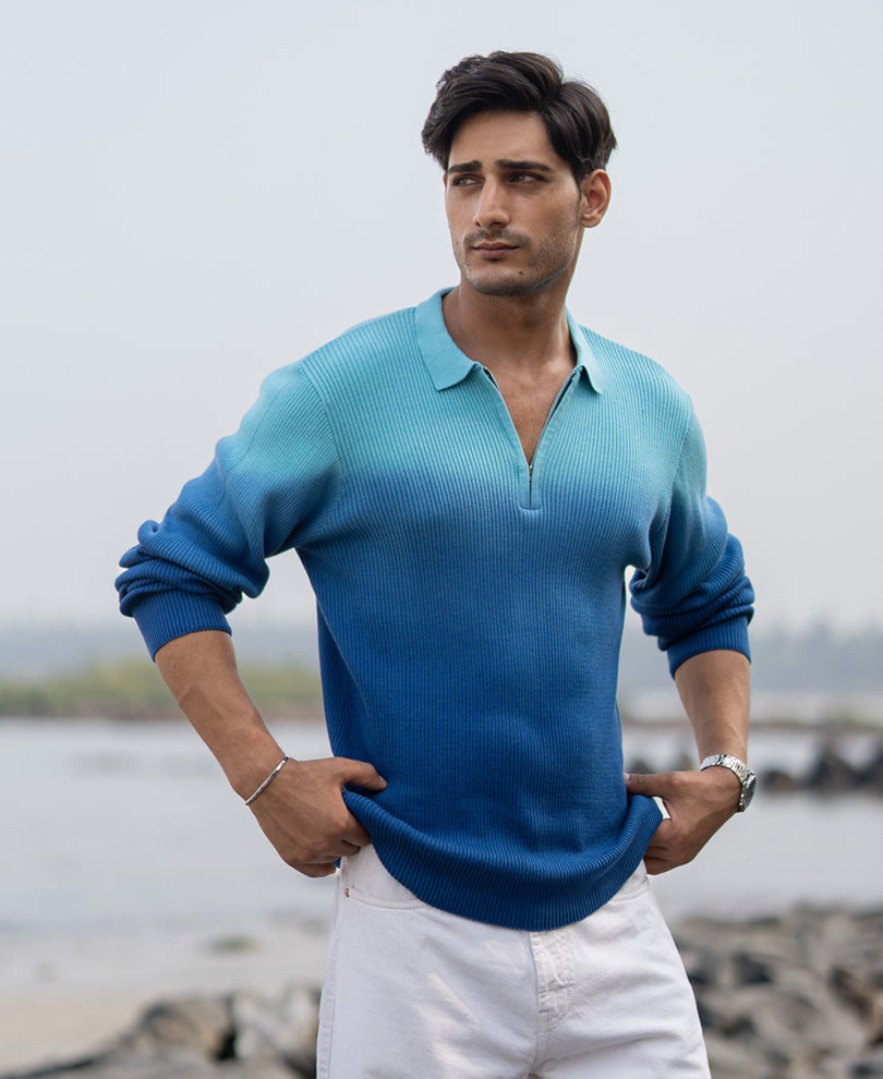 Blue Ombre Structure Cotton T-Shirt.