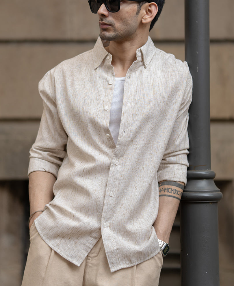 Beige Slub Stripe Shirt.
