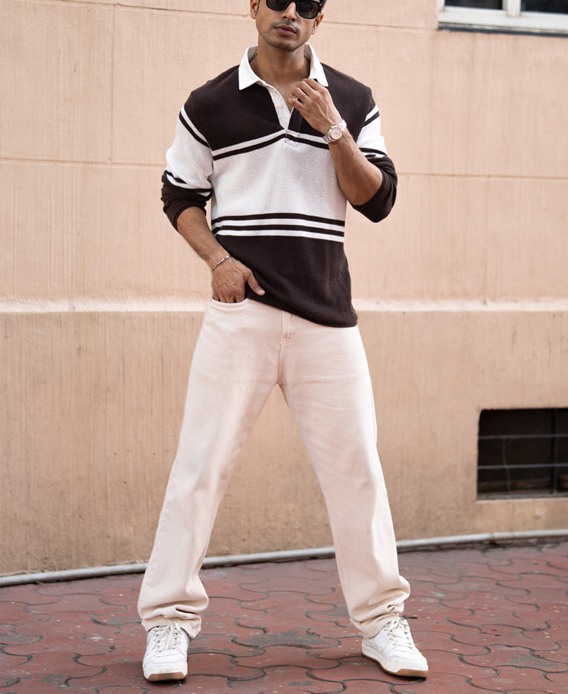 Coffee Brown Structured Stripe T-Shirt.