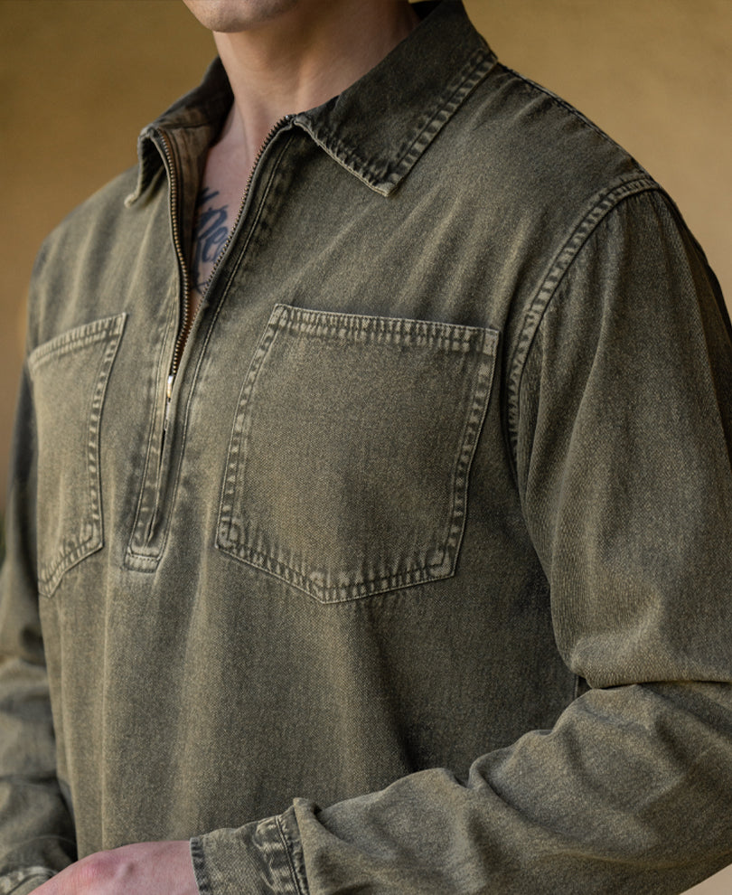 Dark Olive Washed Zipper Shirt