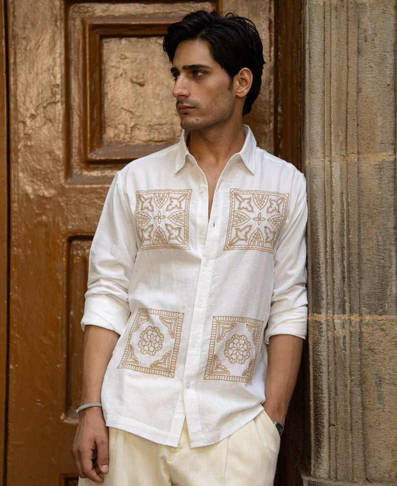 White Linen Blend Embroidery Shirt