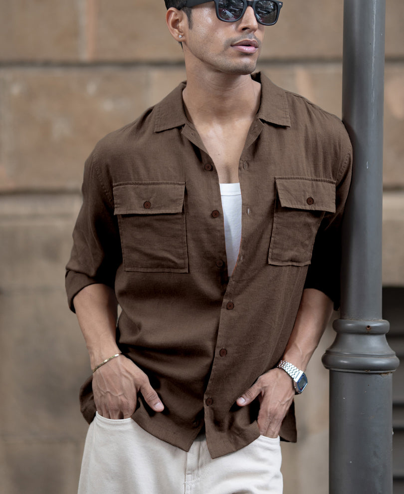Brown Linen Double Pocket Shirt.