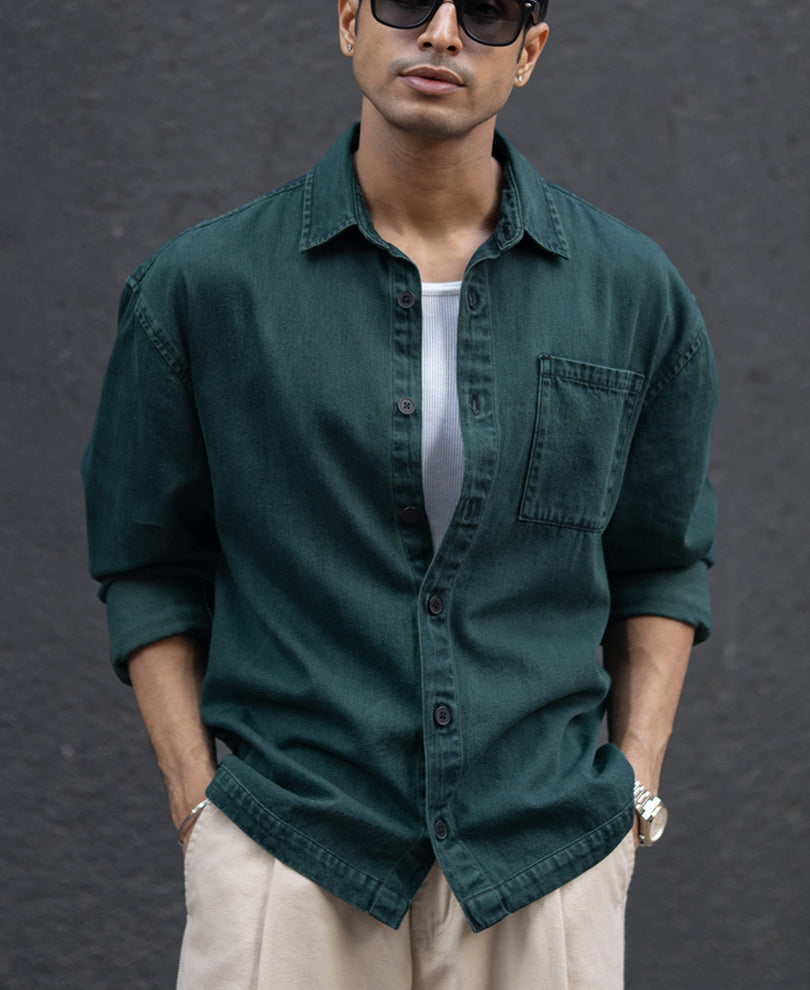 Dark Green Over Dyed Denim Shirt.