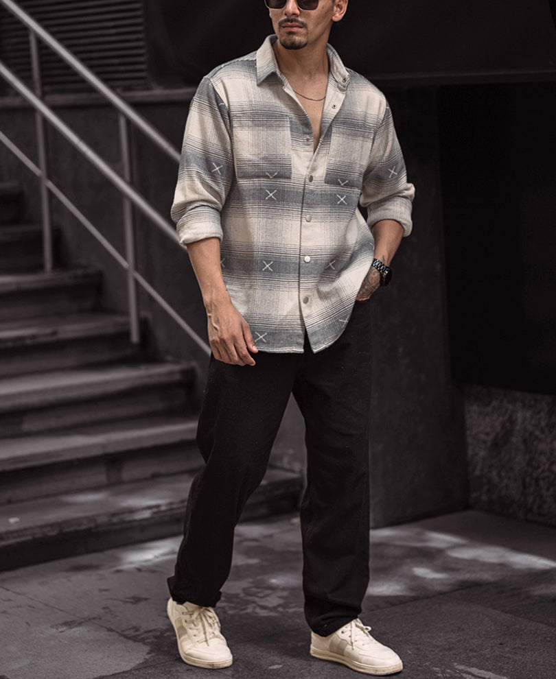 Grey and Off White Flannel Regular Fit Full Sleeves Shirt.