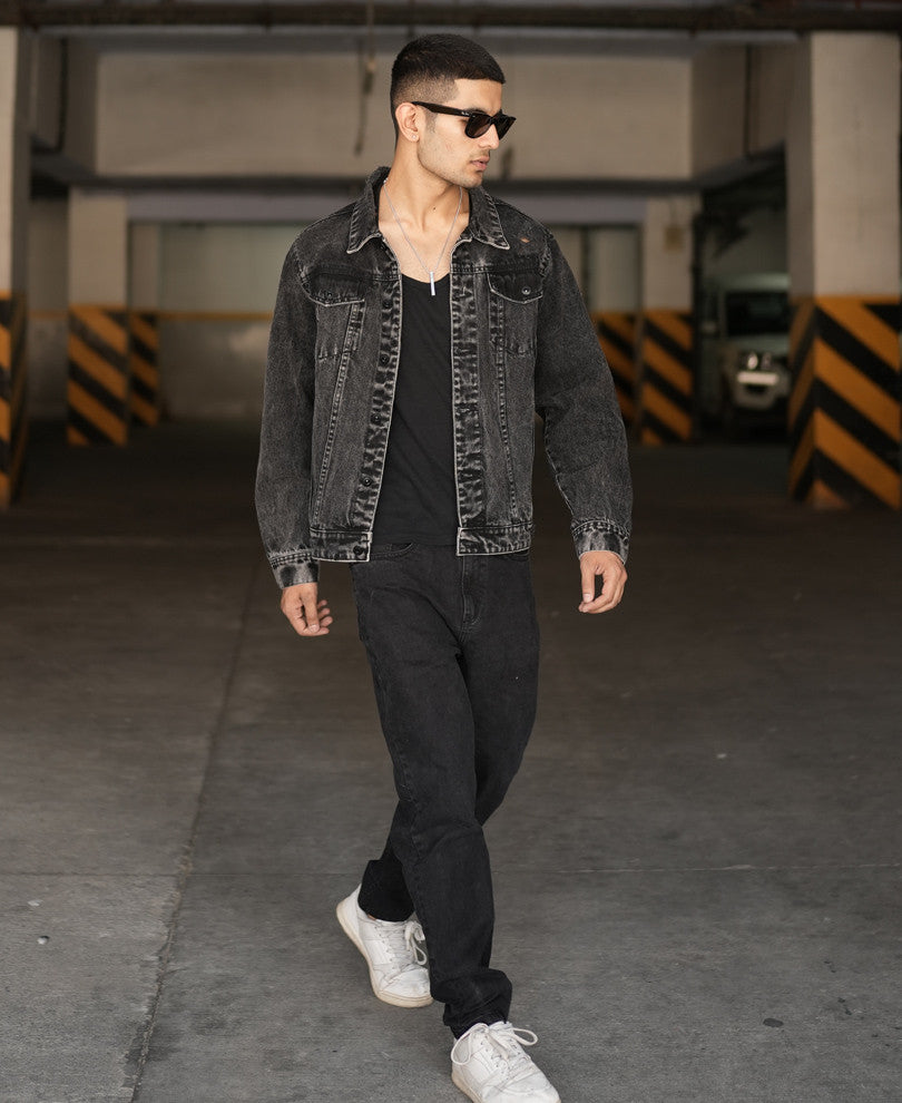 Dusty Black Ripped Denim Jacket.