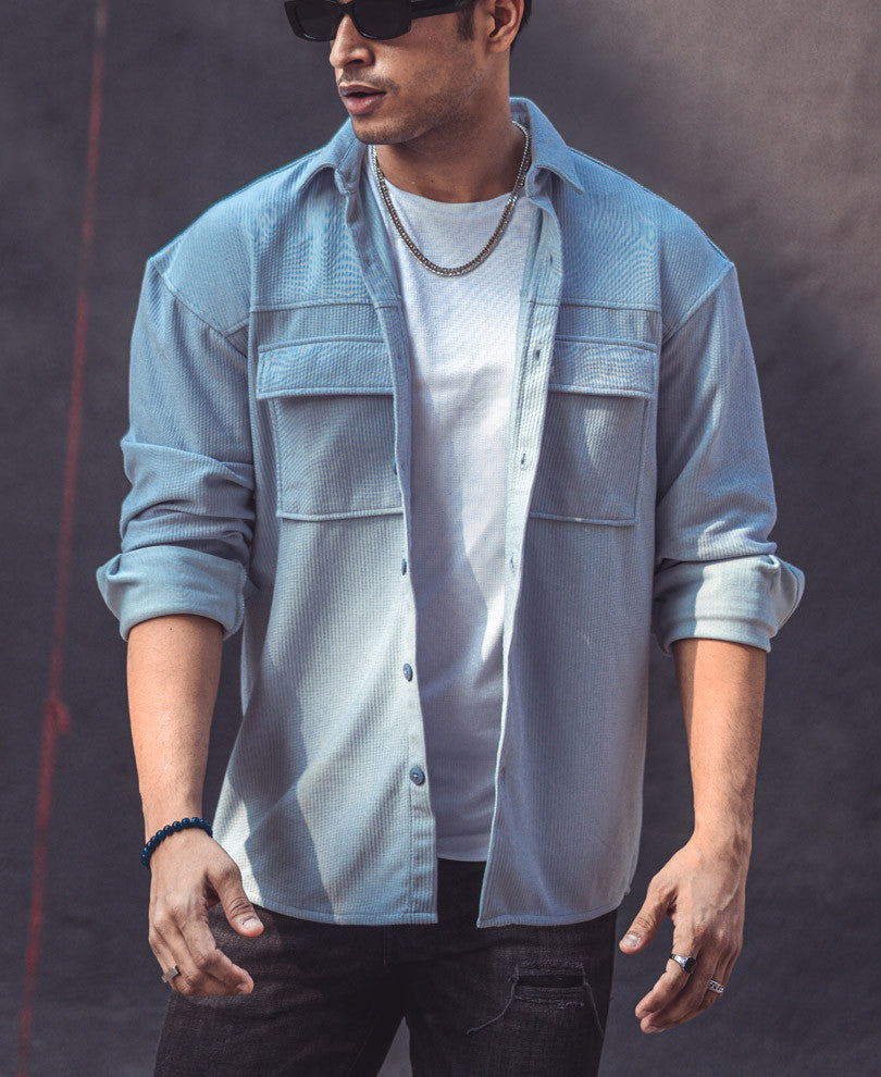 Sky Blue Chest Pocket Oversize Drop Shoulder Shirt.