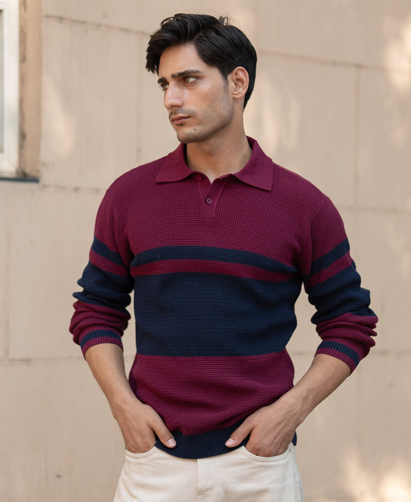 Wine Stripe Knit T-Shirt.