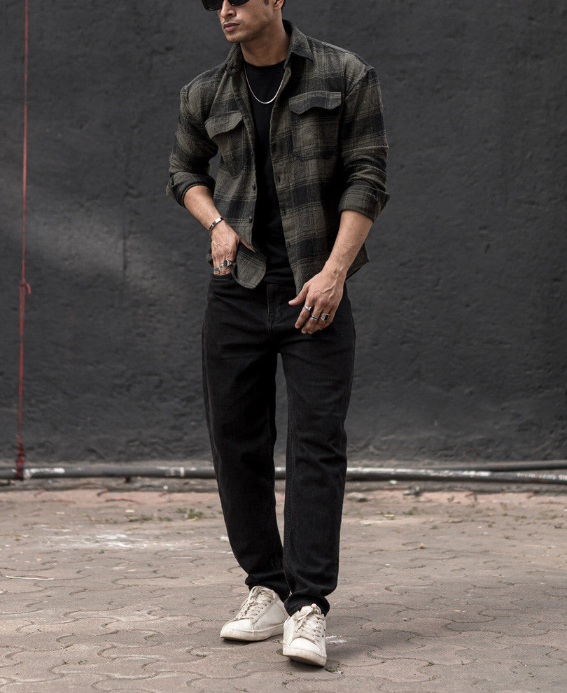 Olive Green Pocket Checked Oversize Drop Shoulder Shirt.