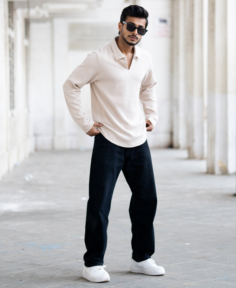 Beige Corduroy Regular Fit Full Sleeves T-Shirt.