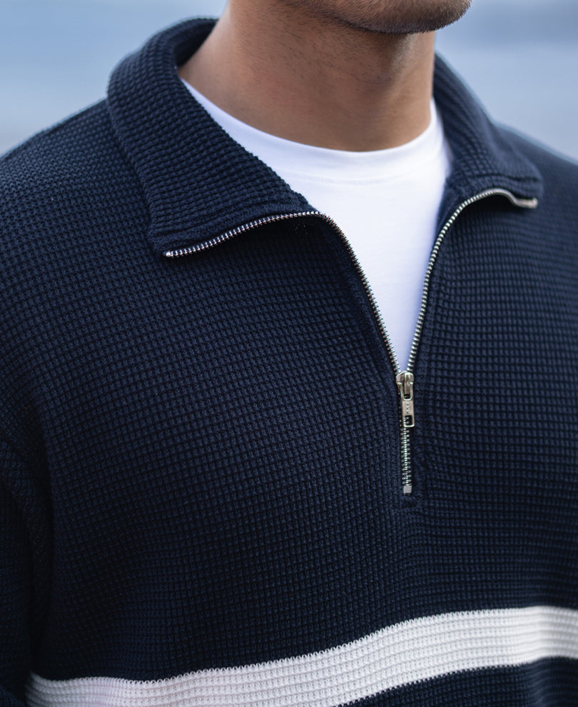 Navy Striped Zipper Neck T-Shirt.