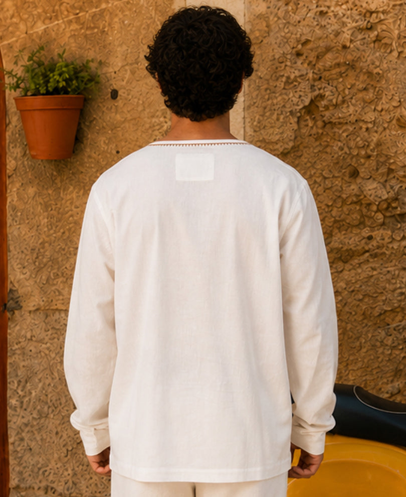 White Embroidered Linen Blend Kurta Shirt