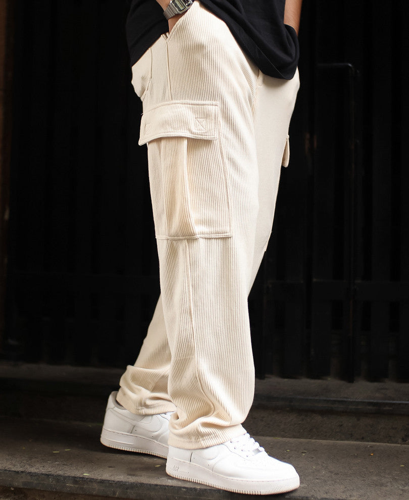 Cream Side Pocket Baggy Fit Track Pant.