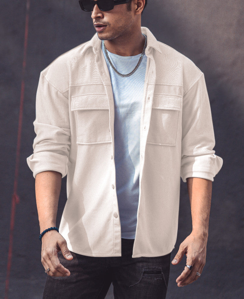 Cream Chest Pocket Shacket Oversize Drop Shoulder Shirt.