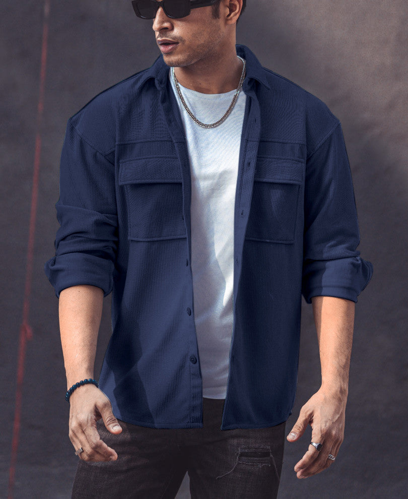 Navy Blue Pocket Oversize Shacket Drop Shoulder Shirt.