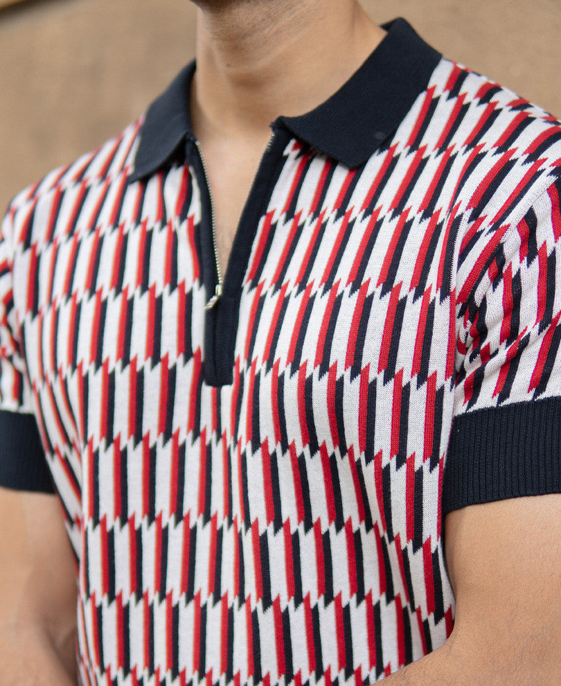 Multicolour Jacquard Knit Polo T-Shirt.