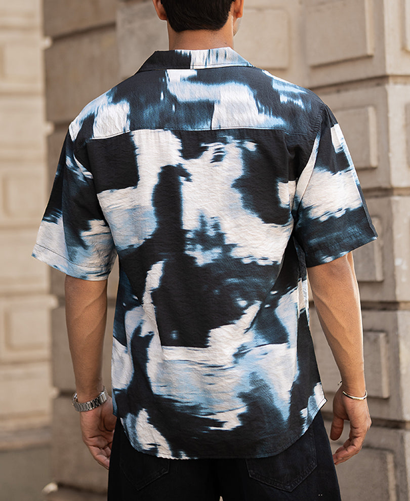 Black Abstract Cuban Printed Oversized Half Sleeves Shirt.