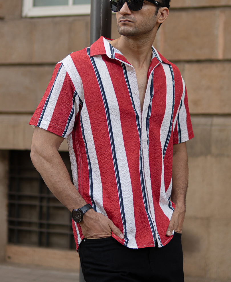 Red Textured Stripe Shirt.