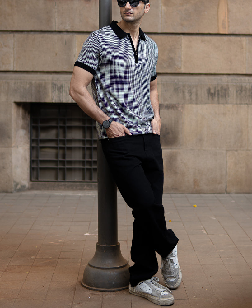 Black And White Knit Polo T-Shirt.