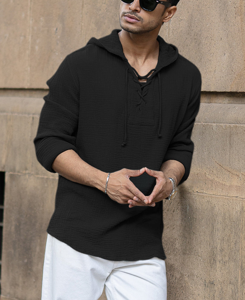 Black Crinkled Hooded Shirt.