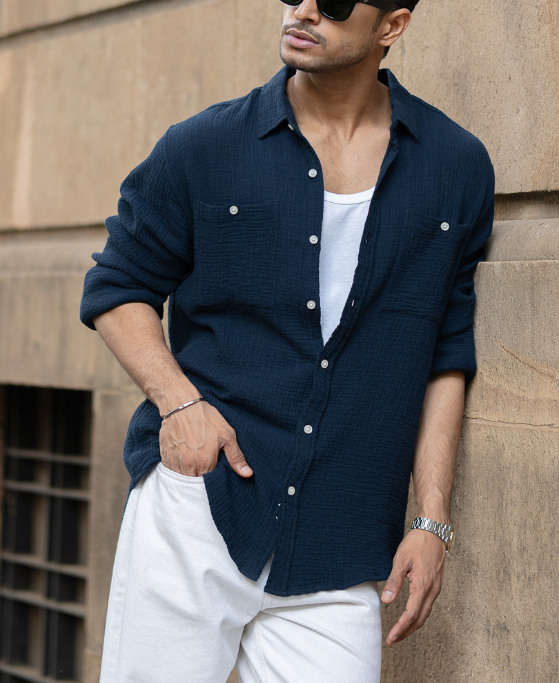 Navy Crinkled Shirt With Pockets.