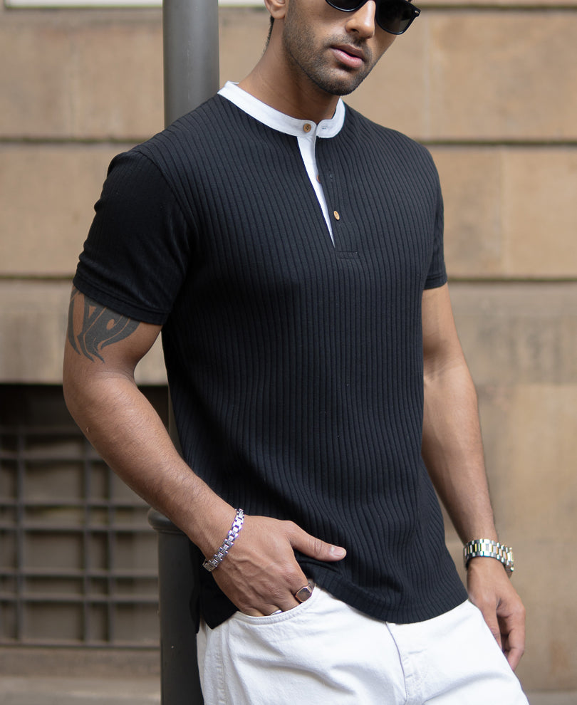 Black Contrast Collar Henley T-Shirt.