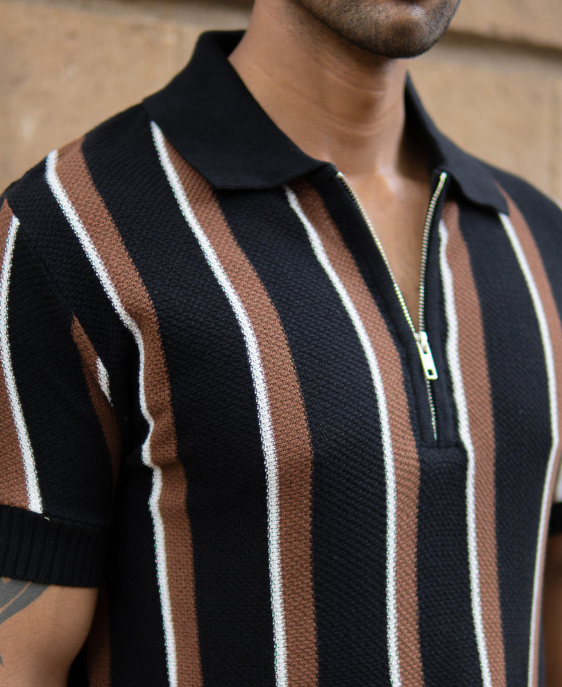 Multicolour Knitted Stripe Zipper T-Shirt.