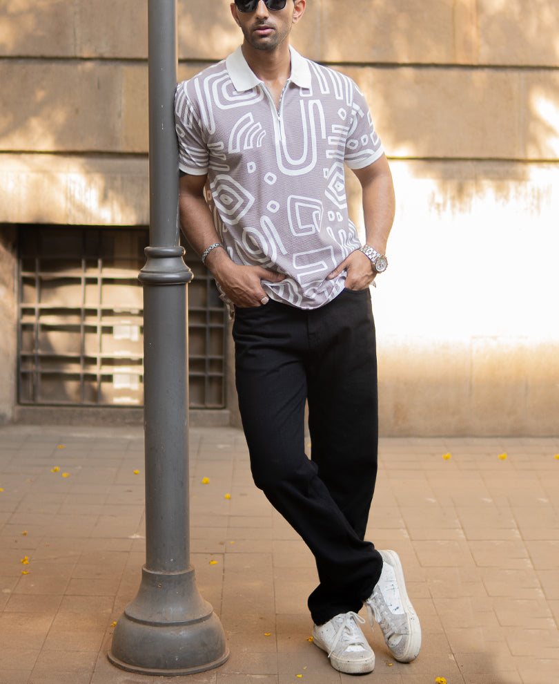 Grey Contrast Printed Polo T-Shirt.