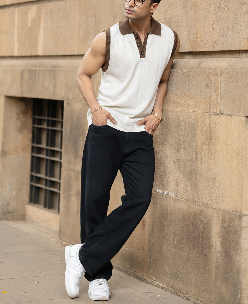 Cream Contrast Collar Knit Sando.