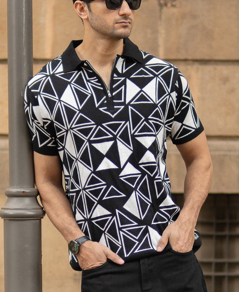 Black Geometric Knit Polo T-Shirt.