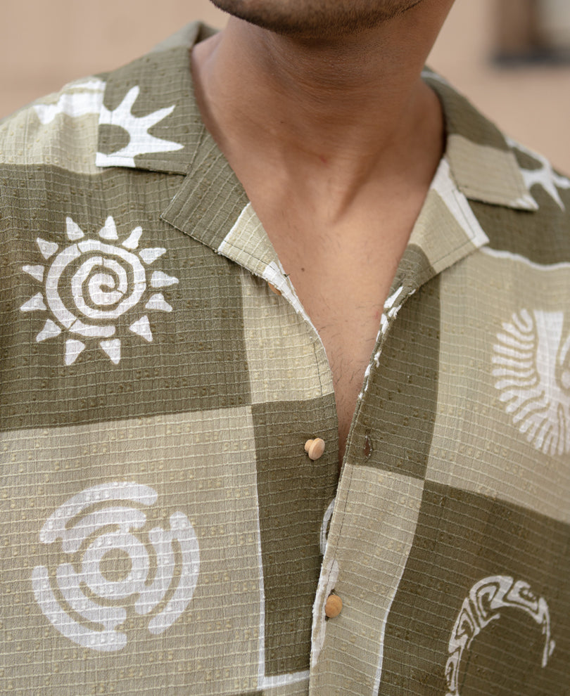 Green Structured Cuban Printed Shirt.