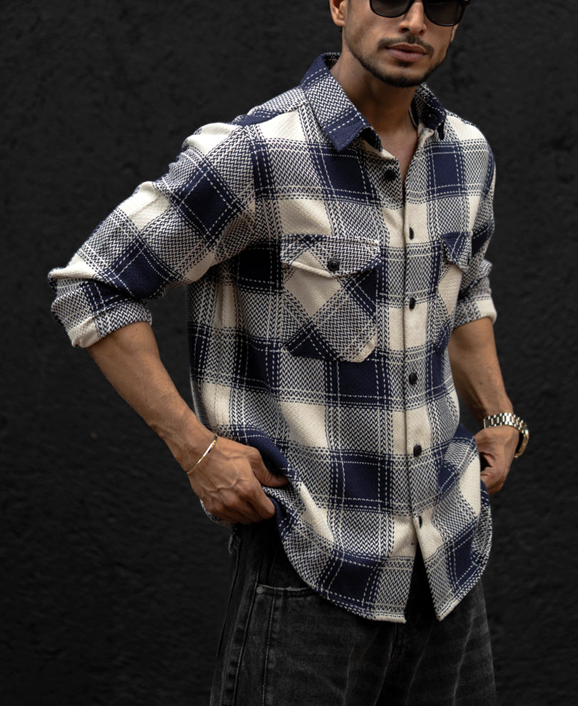 Navy Blue Regular Fit Checked Full Sleeves Shirt.