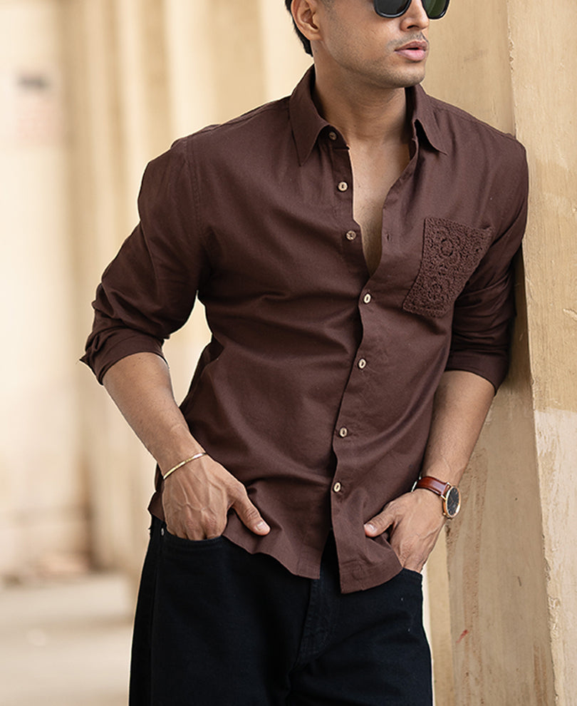Brown Full Sleeves Regular Fit Linen Shirt.