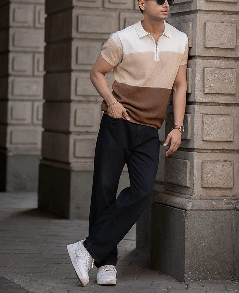 Earthy Stripe Zipper Polo T-Shirt.