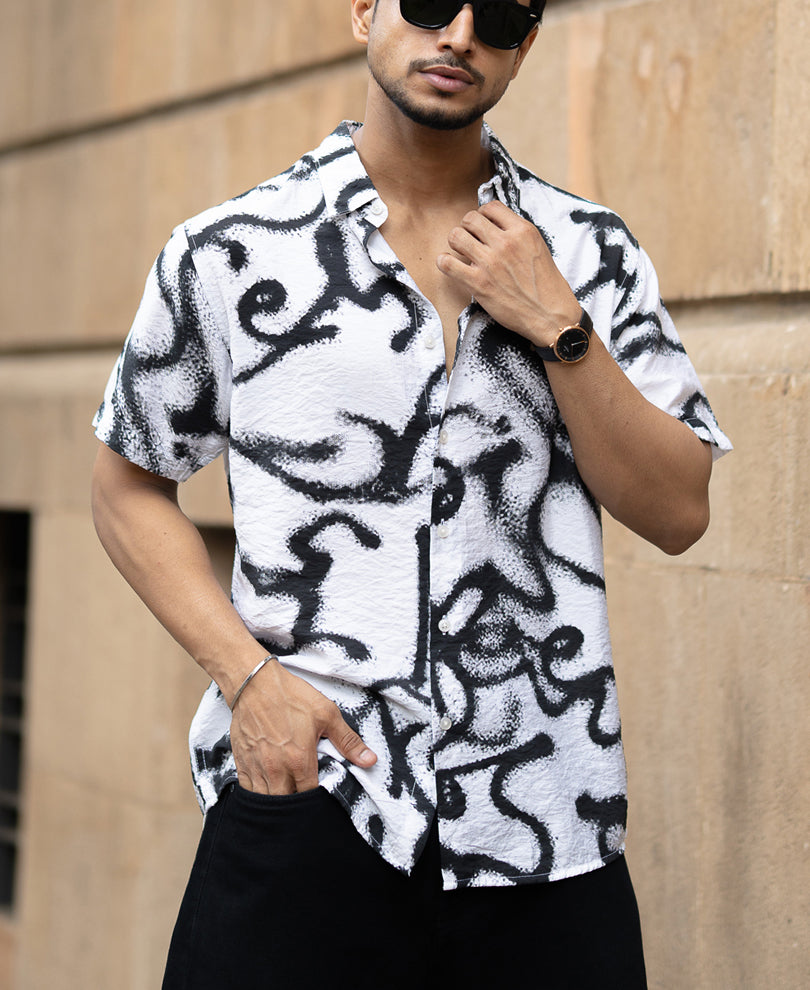 White Cuban Printed Flowy Shirt.