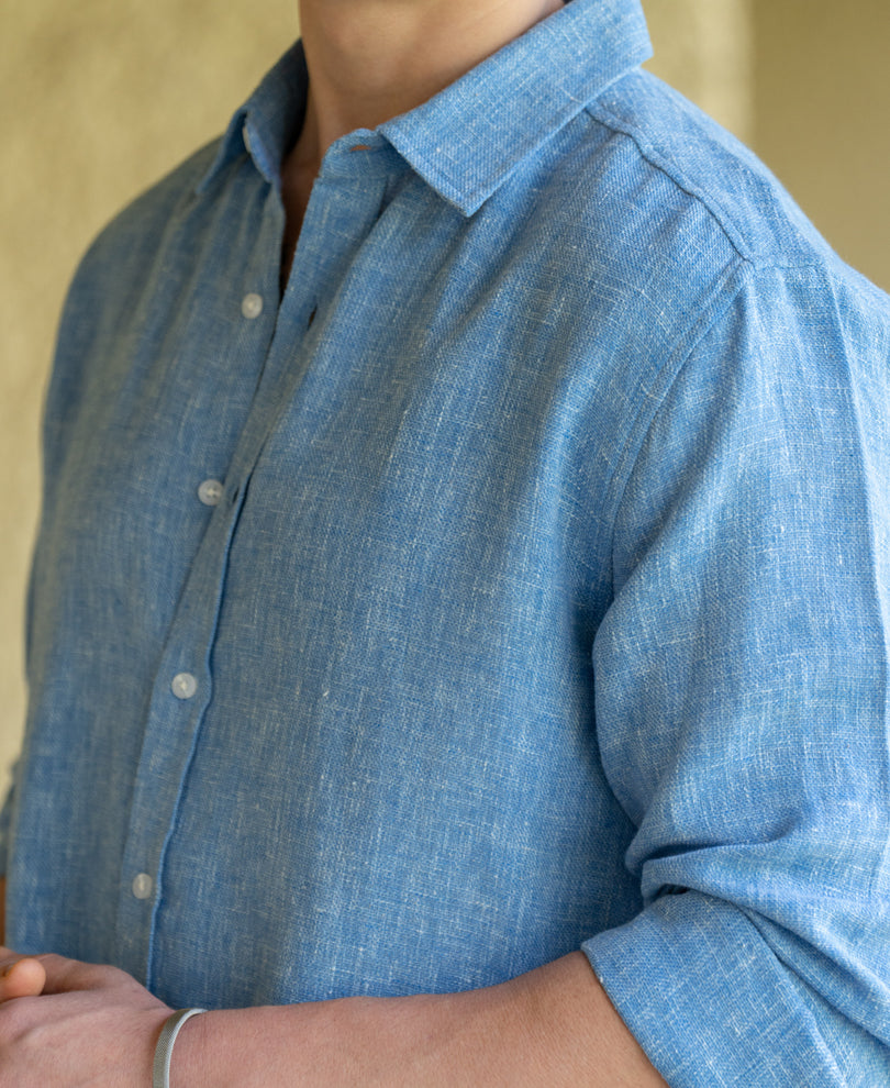 Blue Linen Blend Structured Shirt