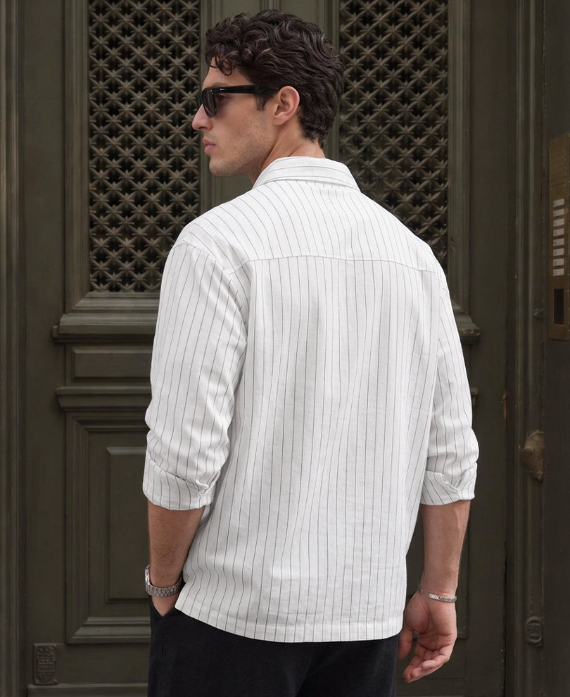 White Striped Embroidered Zipper Shirt 100% Cotton