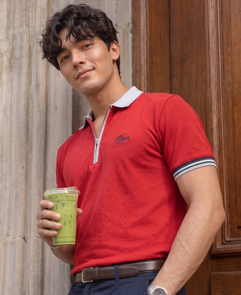Red Structure Knit Polo T-Shirt
