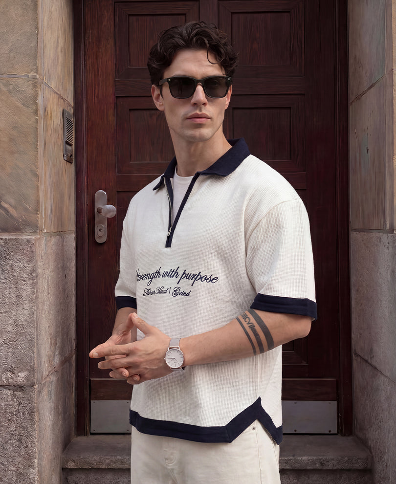 White Contrast Embroidery T-Shirt
