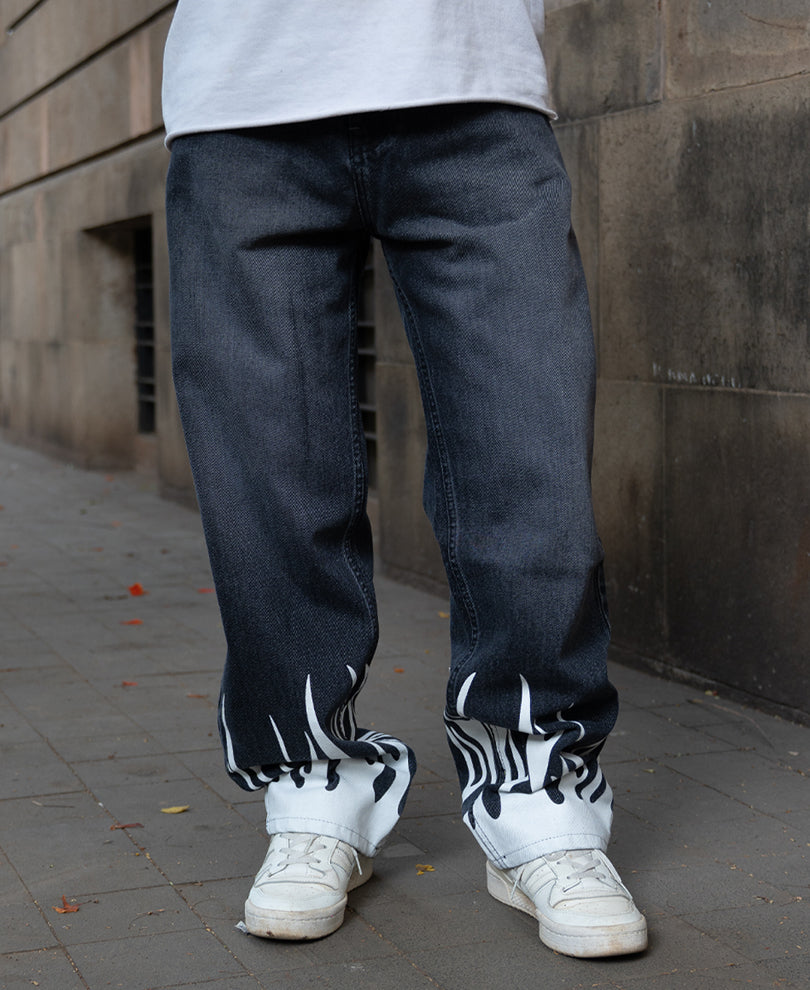 Charcoal Flame Print Baggy Jeans