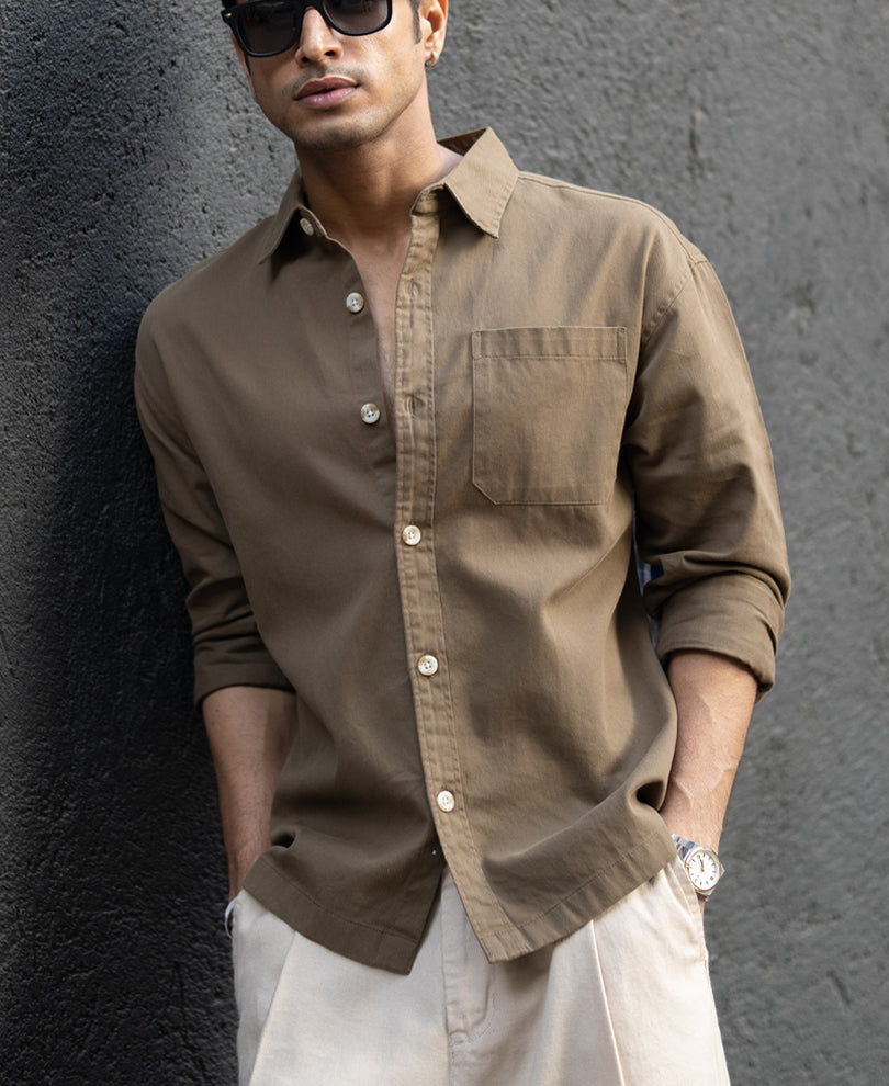 Dark Beige Printed Applique Shirt.
