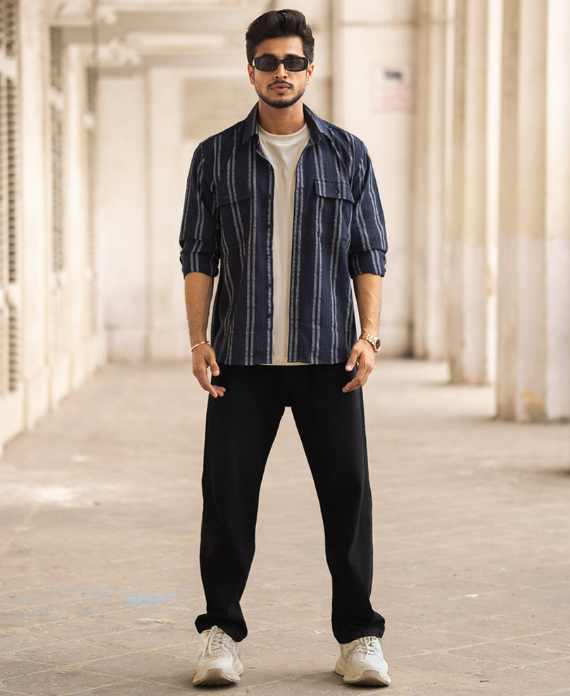 Navy Blue Striped Regular Fit Full Sleeves Shirt