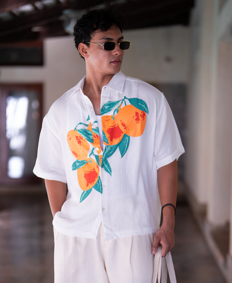 White Tangerine Print Shirt 100% Cotton